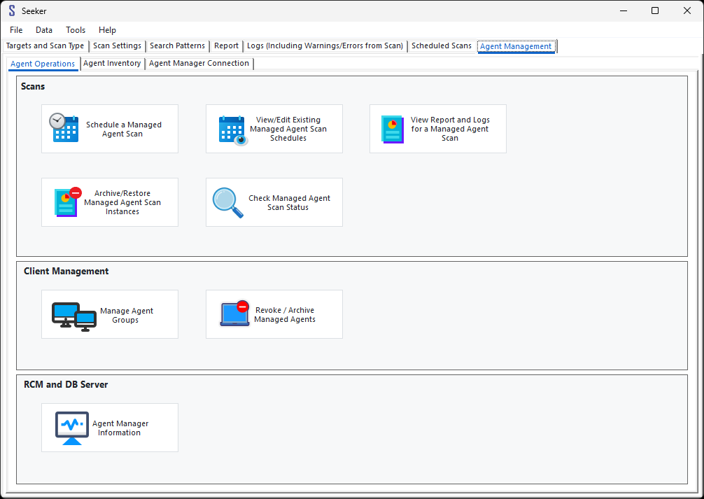 Seeker Agent Management screen with scheduling, logs, reports, status, grouping, and revoke or archive controls.